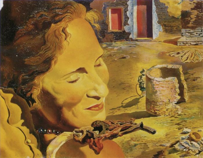 Salvador Dalí Peinture à l'huile - Portrait de Gala avec deux côtelettes d'agneau en équilibre sur son épaule