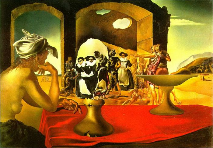 Salvador Dalí Peinture à l'huile - Marché aux esclaves avec le buste disparu de Voltaire