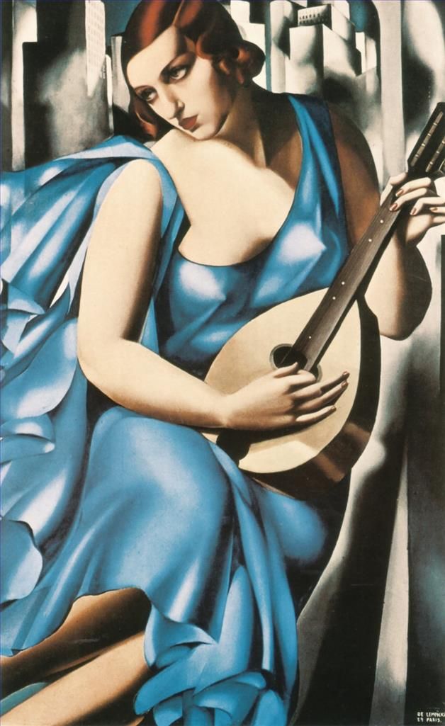 Tamara de Lempicka Peinture à l'huile - Femme bleue avec une guitare 1929