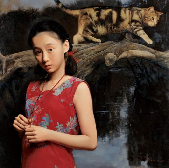 WANG Yidong Peinture à l'huile - Ecouter la pluie