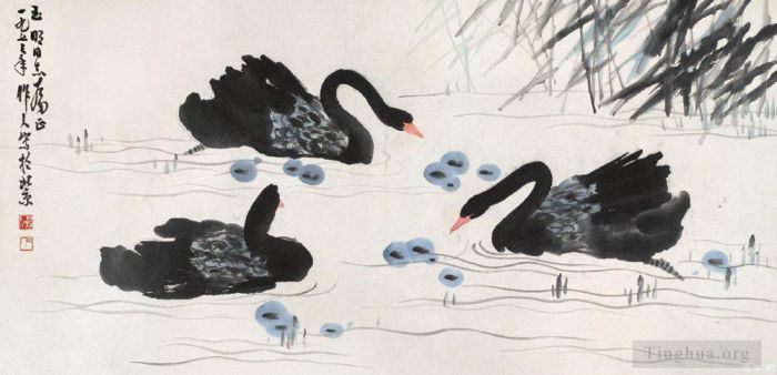 Wu Zuoren Art Chinois - Cygnes noirs