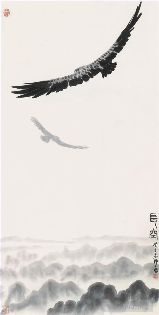 Wu Zuoren Art Chinois - Aigle dans le ciel 1983