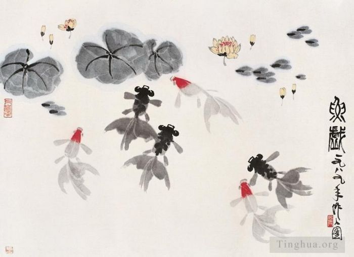 Wu Zuoren Art Chinois - Poisson rouge dans les nénuphars