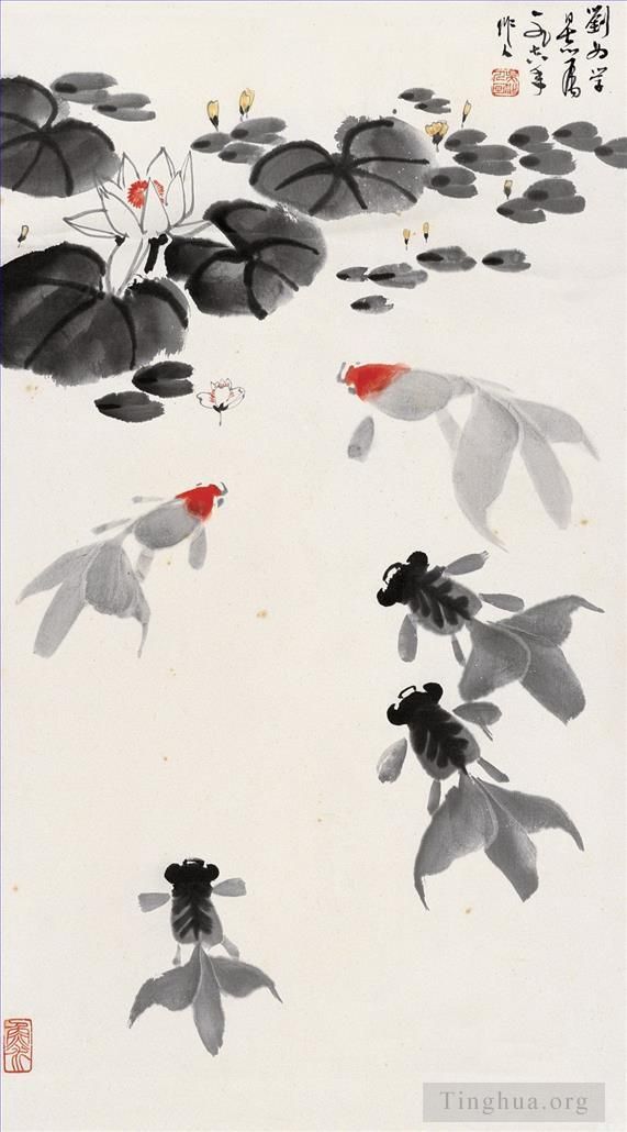 Wu Zuoren Art Chinois - Poisson rouge dans un étang aux nénuphars