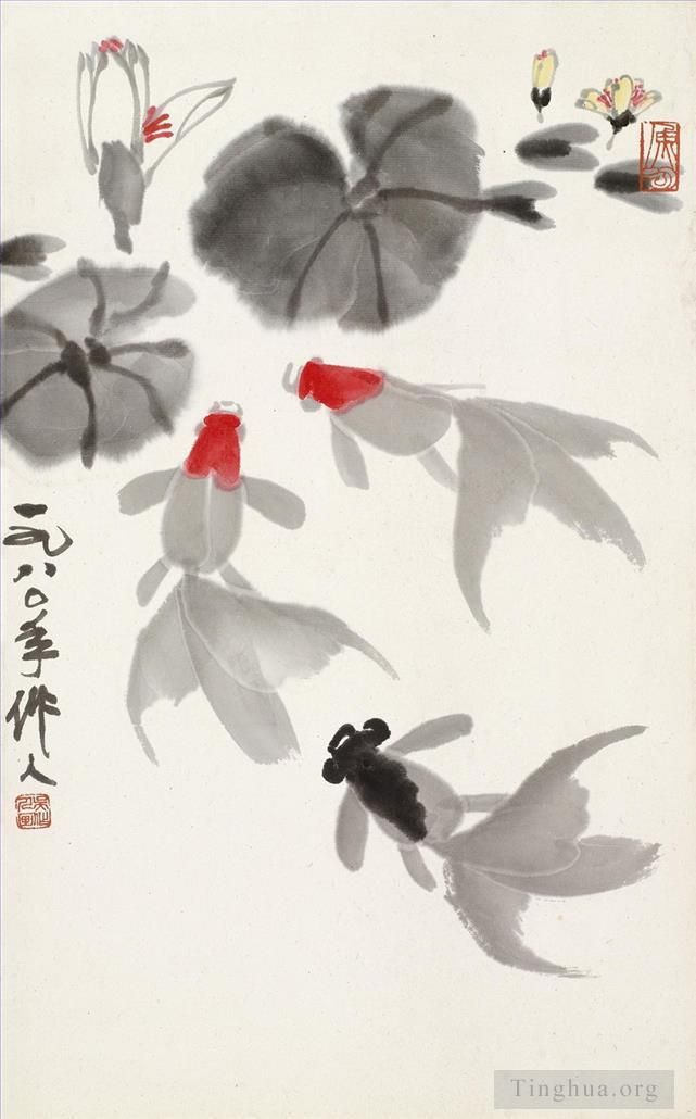 Wu Zuoren Art Chinois - Poissons rouges 1980