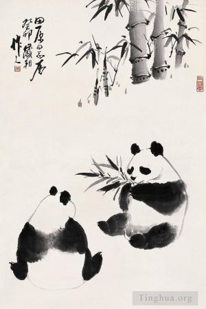 Wu Zuoren œuvre - Panda mangeant du bambou