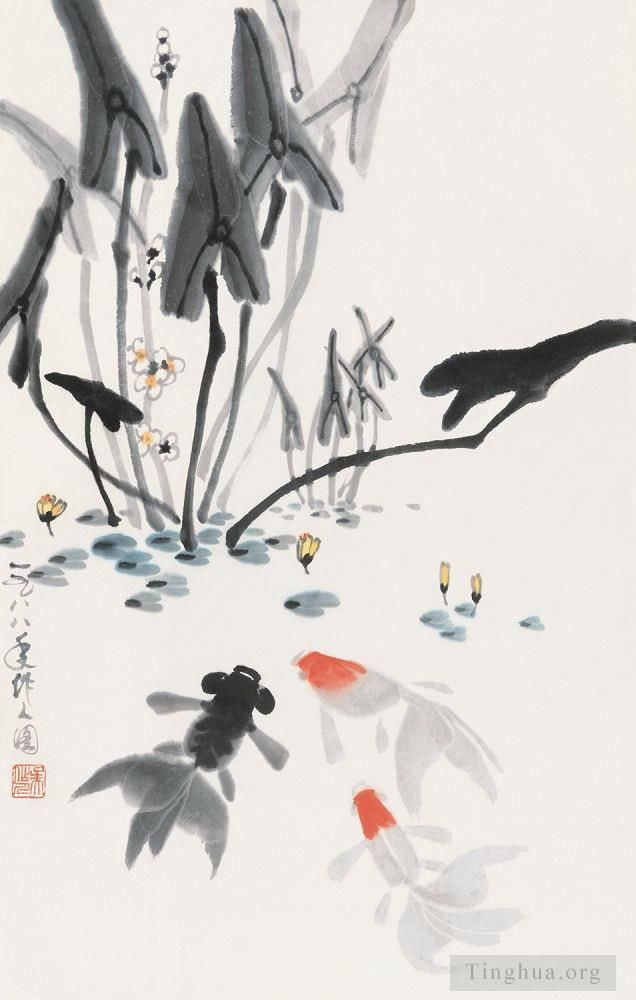 Wu Zuoren Art Chinois - Jouer au poisson 1988
