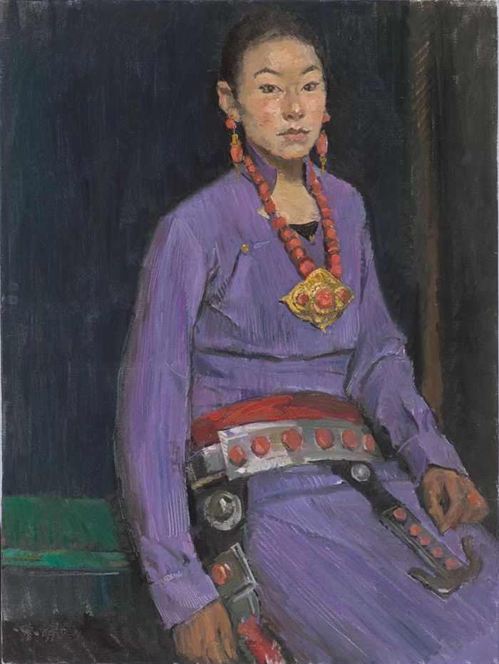 Cao Ming Peinture à l'huile - Fille tibétaine portant des bijoux