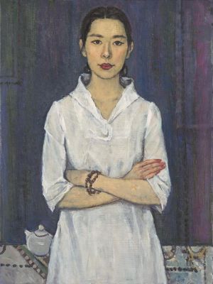 Peinture à l'huile contemporaine - Une fille portant un bracelet