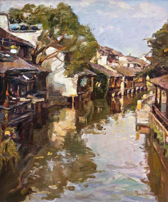Cui Min Peinture à l'huile - Soleil sur la petite ville