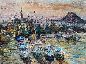 Peinture à l'huile contemporaine - Port de pêche 2