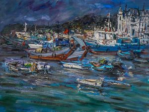 Peinture à l'huile contemporaine - Port de pêche