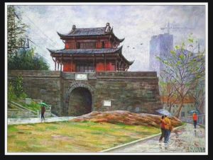 Peinture à l'huile contemporaine - Porte Qiyi de Wuchang
