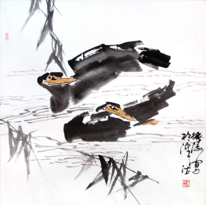 Dong Zhentao Art Chinois - Deux canards dans la rivière