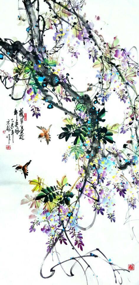 Fang Biao Art Chinois - Peinture de fleurs et d'oiseaux dans un style traditionnel chinois
