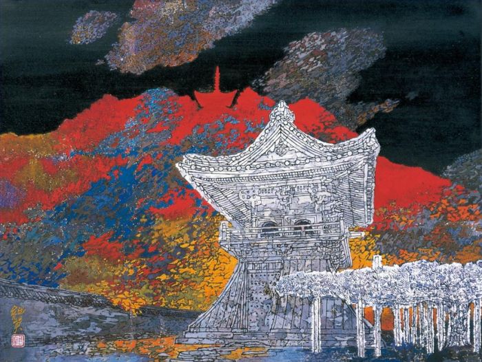 Guo Jiying Art Chinois - Feuilles d'automne rouges dans le temple de Fotong