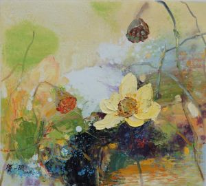 Peinture à l'huile contemporaine - Piscine aux lotus