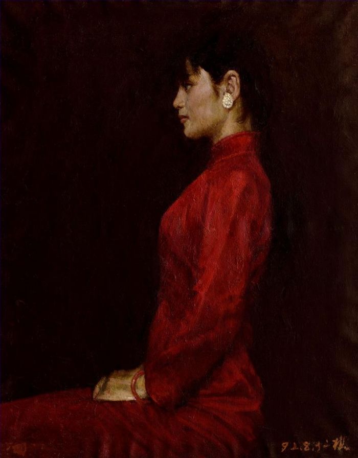 Hu Renqiao Peinture à l'huile - La fille en rouge