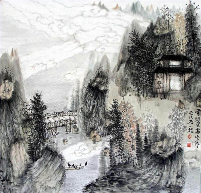 Hu Yilong Art Chinois - Rivière brumeuse