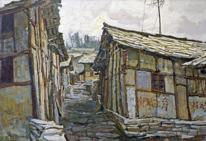 Huang Dewei Peinture à l'huile - Vieilles maisons en pierre du village de Ganzhuang