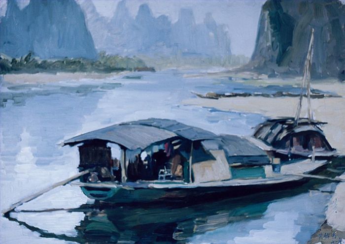Huang Shaoqiang Peinture à l'huile - Une famille de pêcheurs à Lijiang