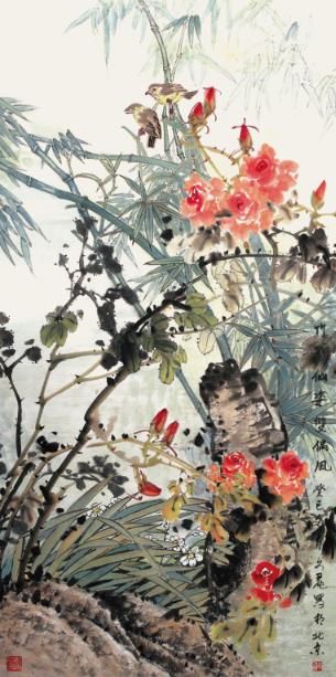 Huang Wenli Art Chinois - Peinture de fleurs et d'oiseaux dans un style traditionnel chinois