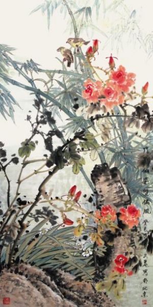 Huang Wenli œuvre - Peinture de fleurs et d'oiseaux dans un style traditionnel chinois