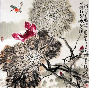 Jia Baomin œuvre - Peinture de fleurs et d'oiseaux dans un style traditionnel chinois