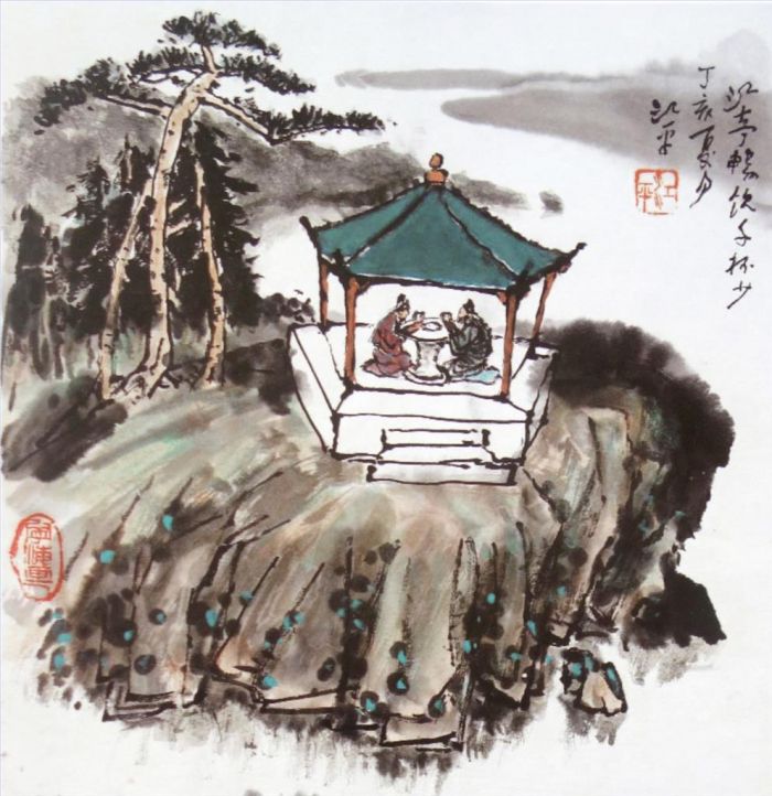 Jiang Ping Art Chinois - Boire au pavillon sur la rivière