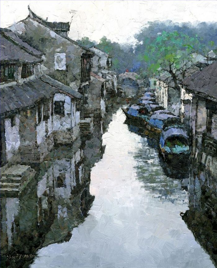 Jiang Xiaosong Peinture à l'huile - Début du printemps dans le village de Zhouzhuang