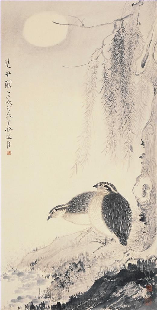 Ju Jianwei Art Chinois - Deux oiseaux au clair de lune
