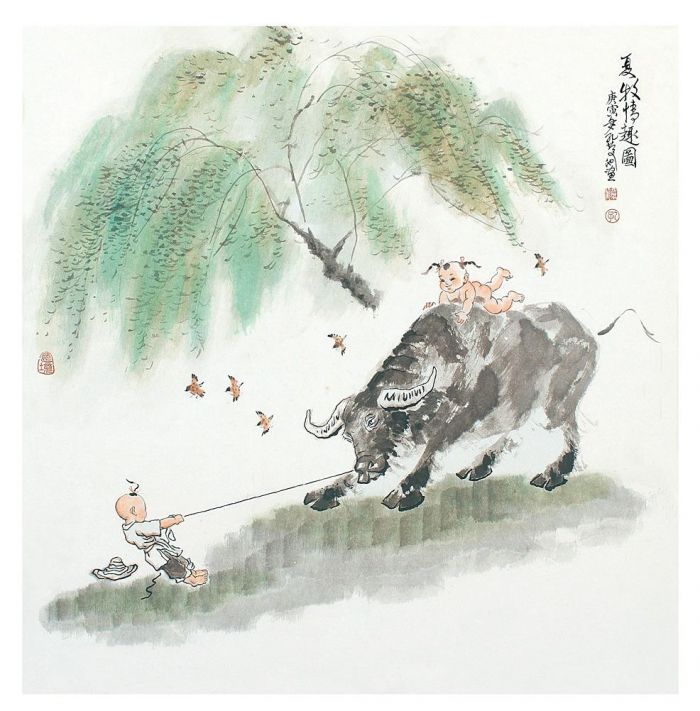 Kong Qingchi Art Chinois - Plaisir de l'élevage de vaches en été