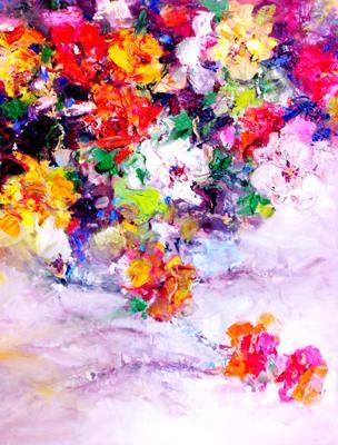 Lan Yumei Peinture à l'huile - Fleurs colorées sur le champ de neige