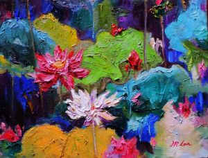 Peinture à l'huile contemporaine - Le charme du lotus