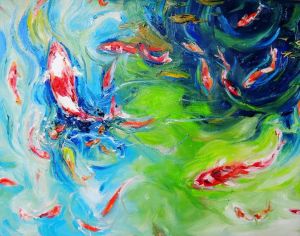 Peinture à l'huile contemporaine - La famille des poissons 2