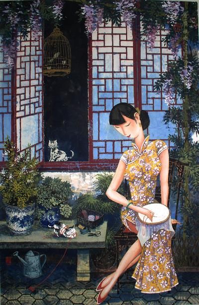 Li Shoubai Art Chinois - Sous Glycine Chinoise