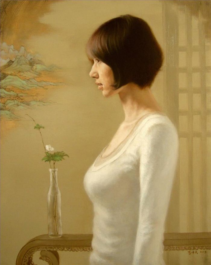 Li Zhongtian Peinture à l'huile - Vert foncé