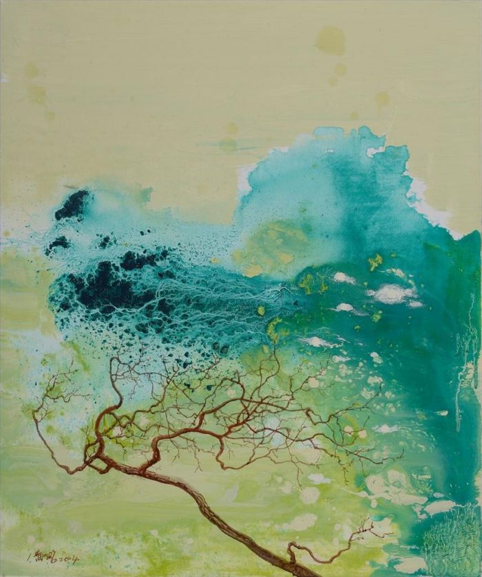 Lian Xueming Peinture à l'huile - Branche d'arbre et montagne