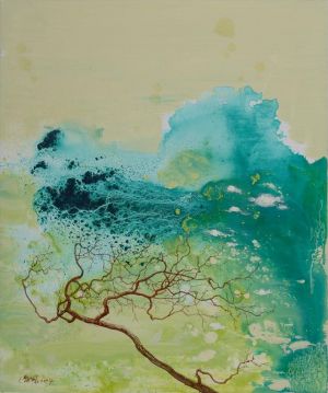 Peinture à l'huile contemporaine - Branche d'arbre et montagne