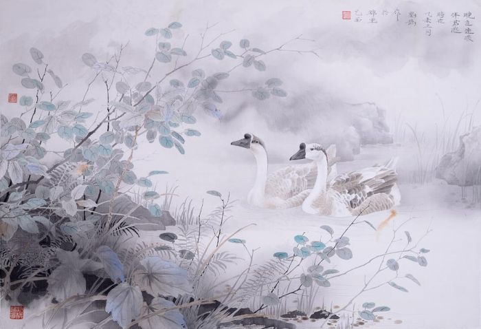 Liu Gang Art Chinois - Peinture de fleurs et d'oiseaux dans un style traditionnel chinois