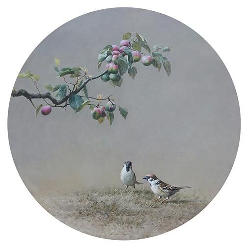 Liu Shijiang Peinture à l'huile - Abricot rouge et moineau