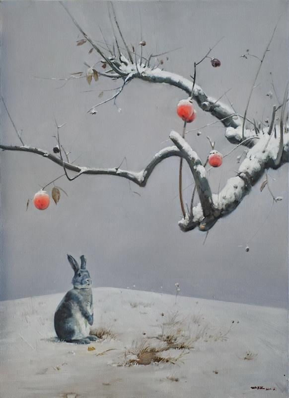 Liu Shijiang Peinture à l'huile - Restant du rouge et de la neige