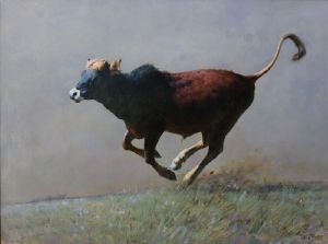 Peinture à l'huile contemporaine - Le veau qui court