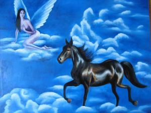 Peinture à l'huile contemporaine - Le cheval volant continue de regarder