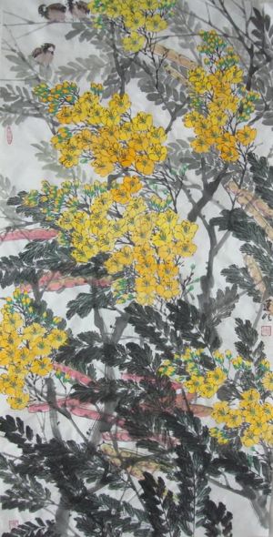 Mao Zhuming œuvre - Peinture de fleurs et d'oiseaux dans un style traditionnel chinois
