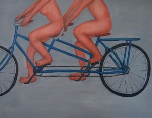 Peinture à l'huile contemporaine - Vélo tandem bleu