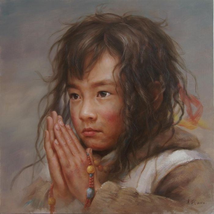 Tan Jianwu Peinture à l'huile - Enfant tibétain 2