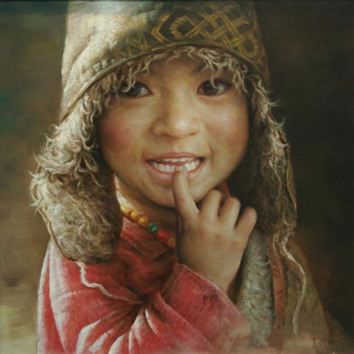Tan Jianwu Peinture à l'huile - Enfant tibétain