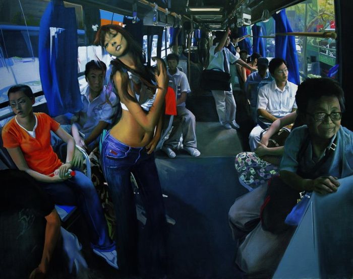 Tan Zidong Peinture à l'huile - Illusion dans Le Bus 2007