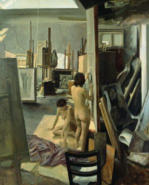 Peinture à l'huile contemporaine - Deux femmes nues dans le studio